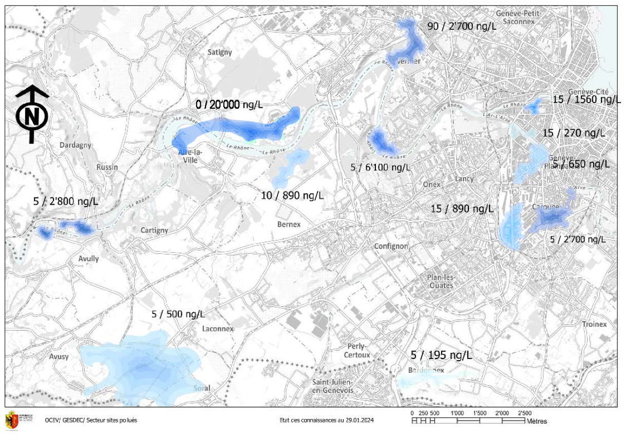 La carte des sites d'eau souterraine polluée aux PFAS dans le canton de Genève. [Canton de Genève / OCEV / GESDEC / Secteur sites pollués]