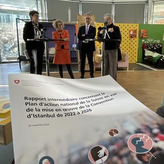 Conférence de presse sur le rapport intermédiaire du plan d'action de la Confédération en vue de la mise en oeuvre de la Convention d'Istanbul.
Image prise dans le cadre de l'exposition "plus fort que la violence" du BEF Fribourg. [RTS - Mathias Délétroz]