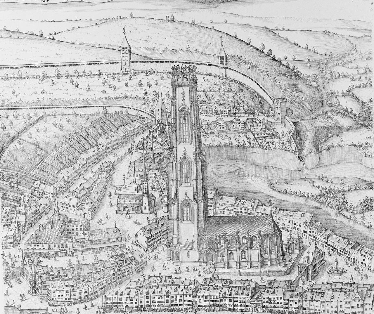 Plan de Fribourg en 1606, détail gravure de Martin Martini. [Service des biens culturels Fribourg, Fonds Monument d'art et d'histoire]