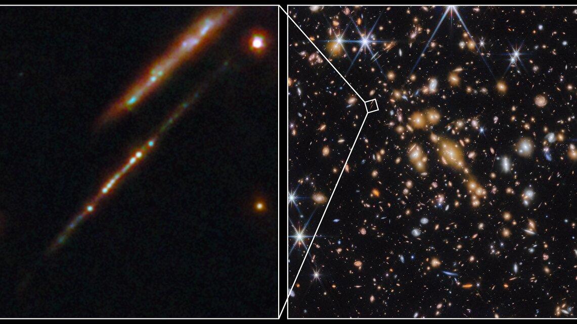 Une équipe internationale d'astronomes a utilisé le télescope spatial James Webb pour découvrir des amas d'étoiles liés par la gravitation lorsque l'Univers était âgé de 460 millions d'années. Il s'agit de la première découverte d'amas d'étoiles dans une galaxie naissante, moins de 500 millions d'années après le Big Bang. [ESA/Webb, NASA & CSA, L. Bradley (STScI) - A. Adamo (Stockholm Uni) and the Cosmic Spring collaboration]