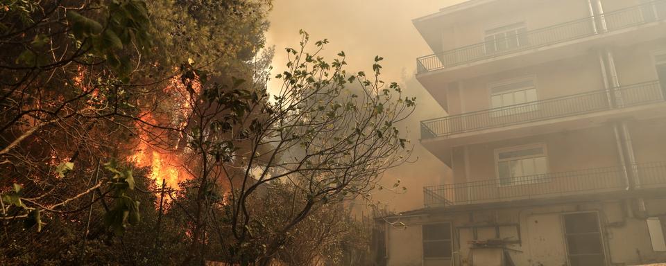 Les flammes s'approchent d'une habitation à Patima Halandri, dans la banlieue d'Athènes. [EPA/Keyston - Georges Vitsaras]