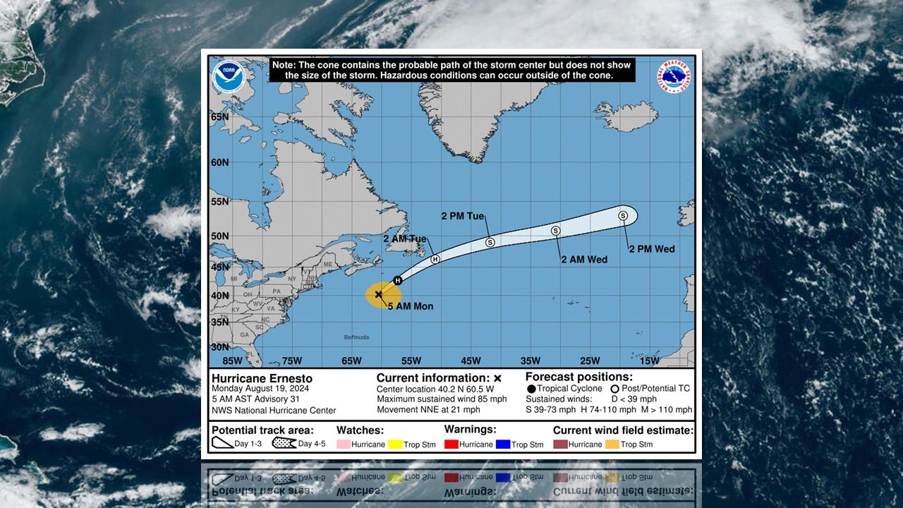 Trajectoire du cyclone tropical Ernesto, prévue par le National Hurricane Center de Miami [NOAA/NHC]