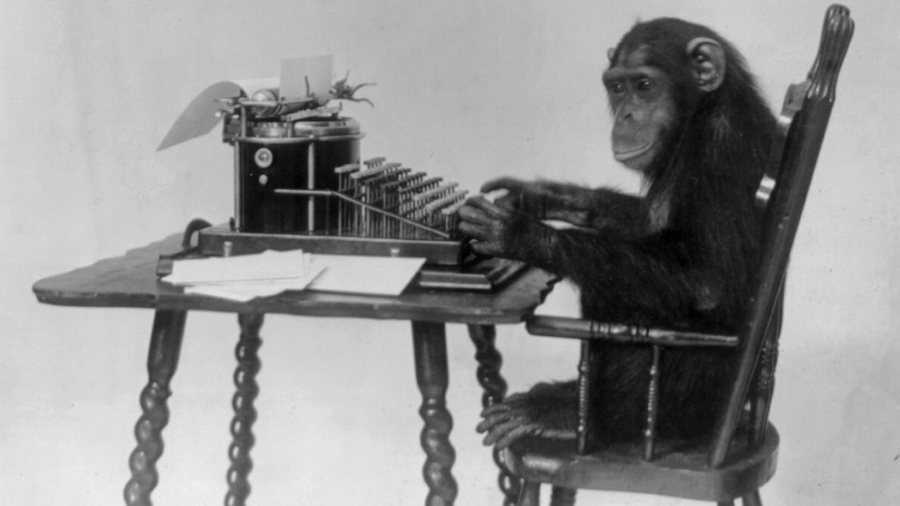 Jamais un singe n'écrira toute l'œuvre de Shakespeare par hasard sur une machine à écrire... [Library of Congress Prints and Photographs Division - New York Zoological Society]