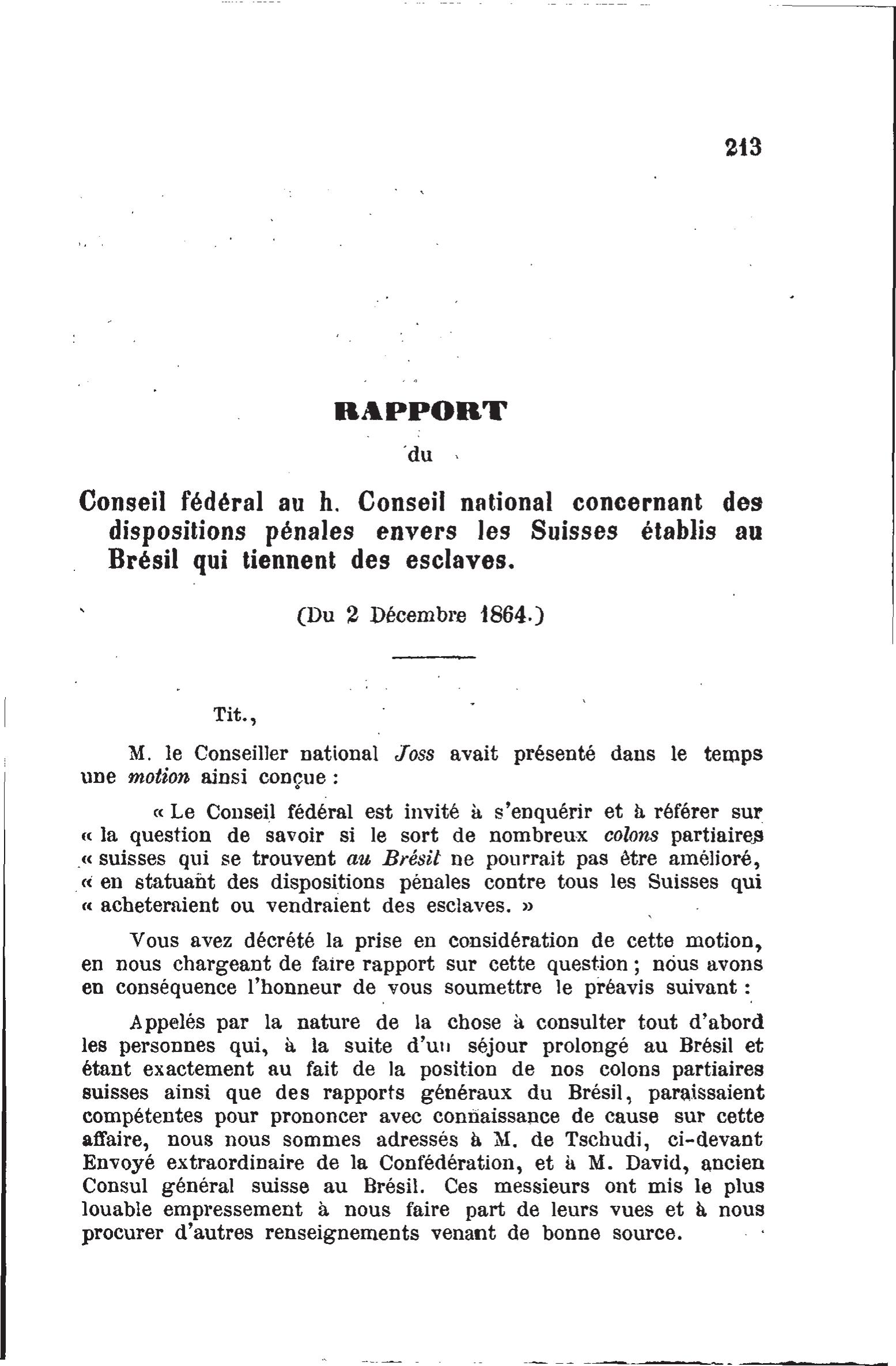 La première page du rapport du Conseil fédéral sur les esclaves au Brésil. [RTS/Archives fédérales]