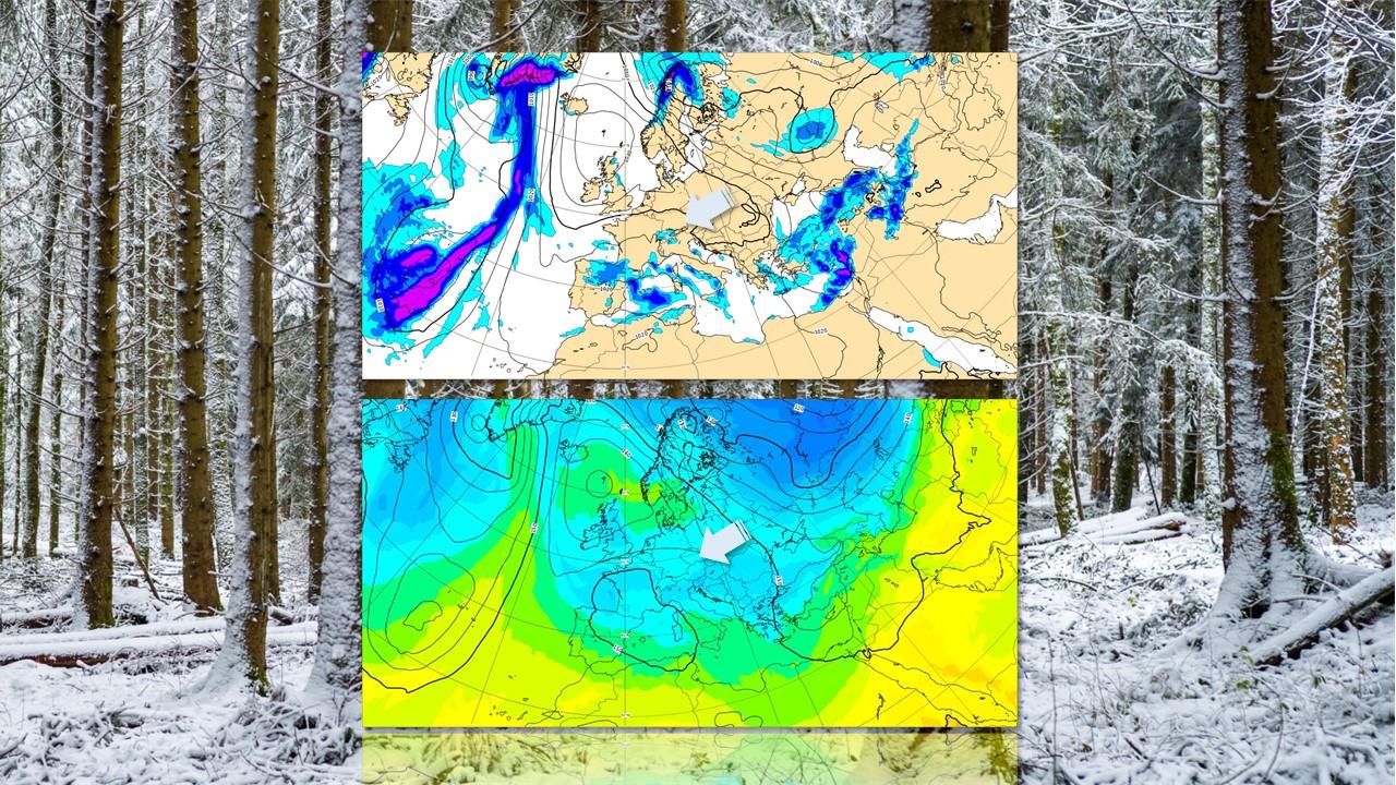 Répartition des pression et des températures, précipitations et orientation des courants prévus pour le 10 janvier 2024 à 12h00 UTC. [RTS/ECMWF - Maurice Berger]