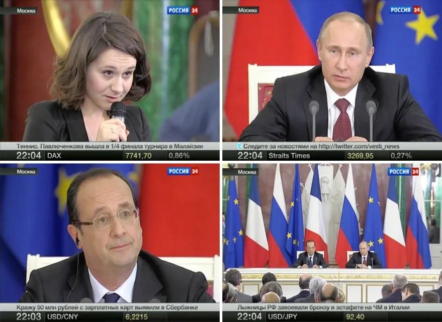 En 2013, Elena Servettaz était correspondante accréditée dans le pool présidentiel de François Hollande et accompagnait le président français lors de sa première visite d’État en Russie. [SWI swissinfo.ch]