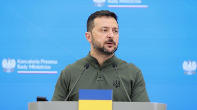 Le président ukrainien Volodymyr Zelensky, le 8 juillet lors d'une conférence de presse en Pologne. [Keystone - Rafal Guz]