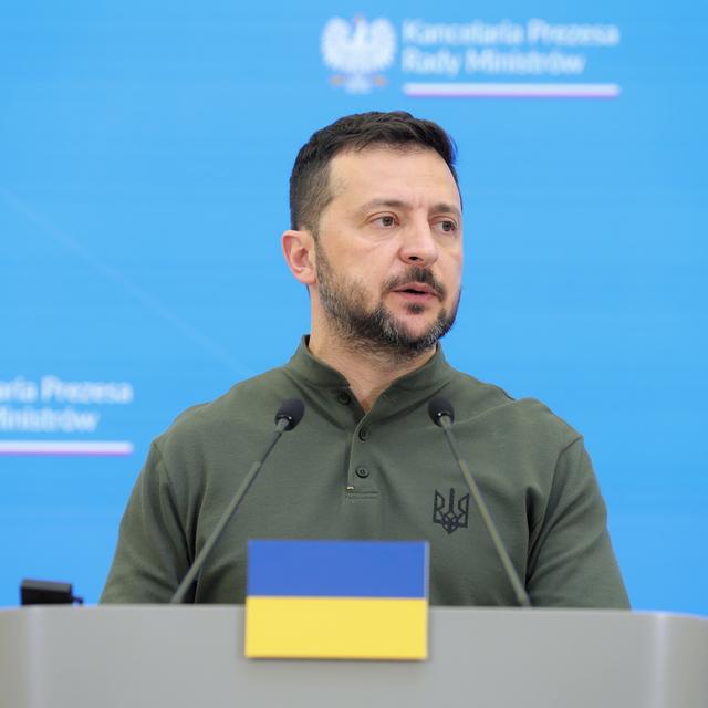 Le président ukrainien Volodymyr Zelensky, le 8 juillet lors d'une conférence de presse en Pologne. [Keystone - Rafal Guz]