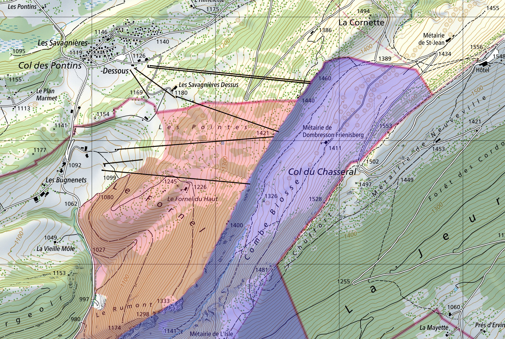Le plan d'affectation prévoit l'extension (zone rose) de la zone actuelle (violette). [Canton de Neuchâtel]