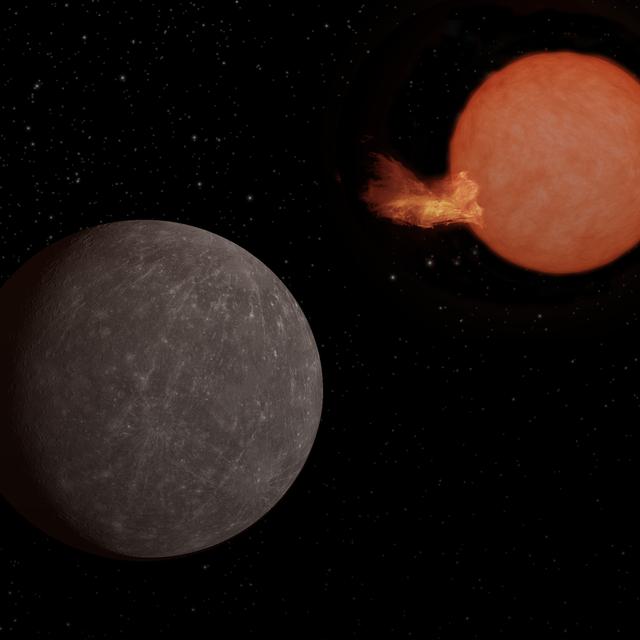 L'exoplanète SPECULOOS-3 b orbite autour de son étoile naine rouge ultra-froide. Elle est aussi grosse que la Terre, et son étoile légèrement plus grande que Jupiter, mais beaucoup plus massive. [NASA/JPL-Caltech - Illustration d'artiste]