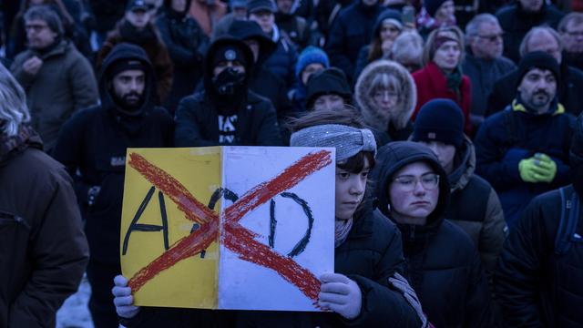 Des personnes manifestent contre le parti AfD devant le bâtiment du Reichstag à Berlin. [Keystone - AP Photo/Ebrahim Noroozi]