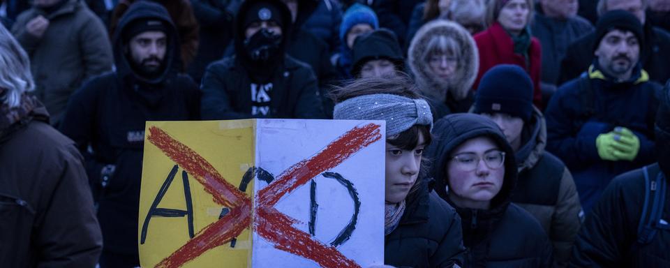 Des personnes manifestent contre le parti AfD devant le bâtiment du Reichstag à Berlin. [Keystone - AP Photo/Ebrahim Noroozi]