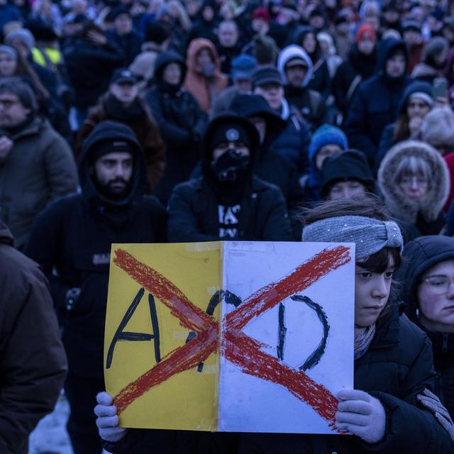 Des personnes manifestent contre le parti AfD devant le bâtiment du Reichstag à Berlin. [Keystone - AP Photo/Ebrahim Noroozi]