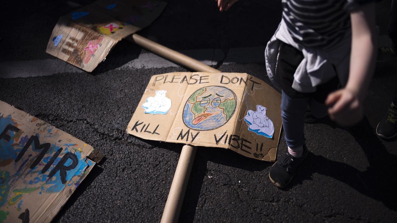 Un panneau de manifestation pour le climat en Allemagne disant "s'il-vous-plaît, ne tuez pas mon énergie" avec une planète mal en point. Les manifestants appellent à mettre fin aux énergies fossiles. [Keystone - Markus Schreiber]