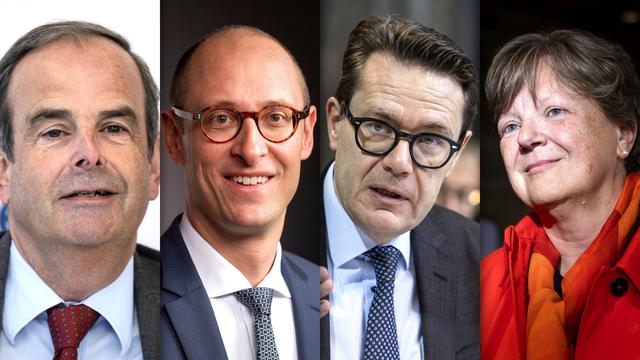 L'ancien président du Centre Gerhard Pfister (ZG), le conseiller national Martin Candinas (GR) et les conseillers aux Etats Benedikt Würth (SG) et Isabelle Chassot (FR) sont évoqués pour succéder à Viola Amherd au Conseil fédéral. [Keystone]