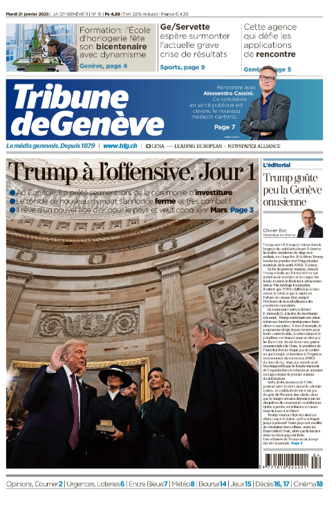 La une de La Tribune de Genève, du 21 janvier 2025.