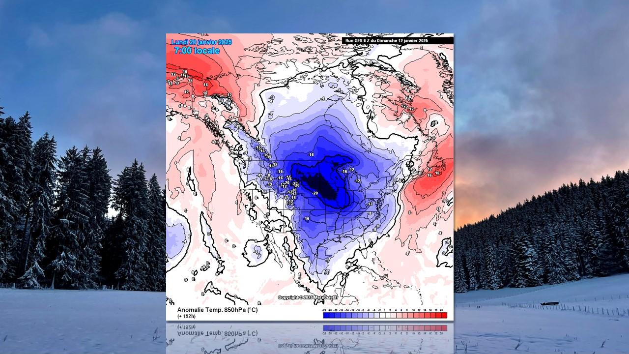 Anomalies de températures prévues en altitude (1500m) sur les Etats-Unis et le Canada, le 20 janvier 2025. [GFS/Meteociel.fr - Denis Roulet]