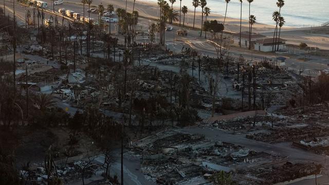 The Pacific Palisades Bowl Mobile Estates destroyed by the Palisades Fire is seen in the Pacific Palisades neighborhood of Los Angeles, Thursday, Jan. 16, 2025. (AP Photo/Damian Dovarganes) [Keystone - AP Photo/Damian Dovarganes]