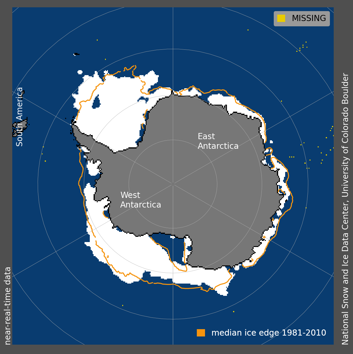 L'étendue de la glace de mer en Antarctique au 31 décembre 2024 était de 7,32 millions de kilomètres carrés. La ligne orangée indique l'étendue moyenne de 1981 à 2010 pour janvier 2025. [National Snow and Ice Data Center - Sea Ice Index data]