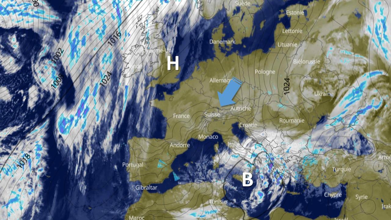 Image satellite et répartition des pressions le dimanche 12 janvier 2025 [Eumetsat/Meteoblue]