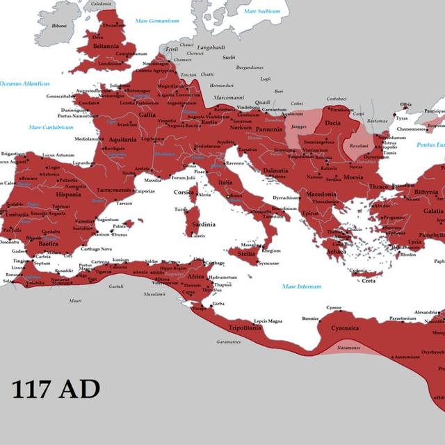 L'Empire romain (rouge) et ses vassaux (rose) en 117 après. J. C. pendant le règne de l’empereur Trajan [Wikipedia - Tataryn]