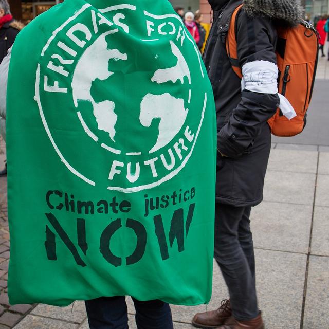 Mayence, Allemagne - 17 janvier 2020 : Manifestation du vendredi pour l'avenir - Les participants protestent contre la politique climatique. Quelqu'un porte une affiche vendredi pour l'avenir sur la veste à Mayence, en Allemagne . [Depositphotos - hechtsheimer72]