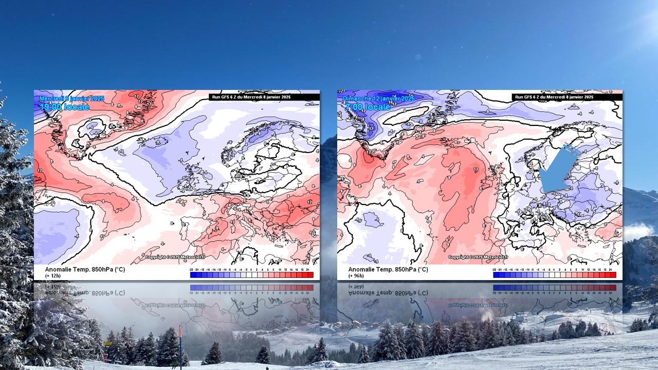 Anomalies de températures vers 1500m (850 hPa), le 8 et le 12 janvier 2025 [GFS/Meteociel.fr - Sonia Guillemin]