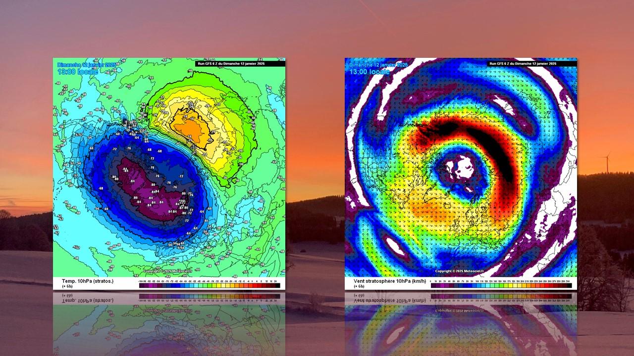 Températures, force et orientation des vents au niveau de la stratosphère, le 12 janvier 2025. [GFS/Meteociel.fr - Serge Clémenzt]