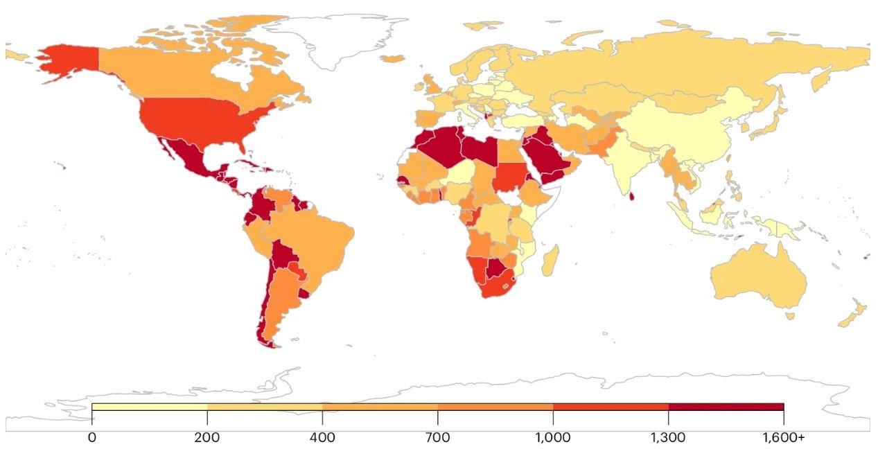 Incidence du diabète de type 2 pour 1 million d'adultes attribuable à la consommation de boissons sucrées chez les adultes (20+ ans) dans 184 pays en 2020.