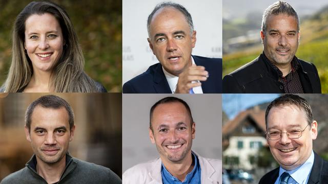 Les six candidats valaisans pour le Conseil d'Etat: Franziska Biner, Christophe Darbellay, Stéphane Ganzer, Emmanuel Revaz, Mathias Reynard et Franz Ruppen.