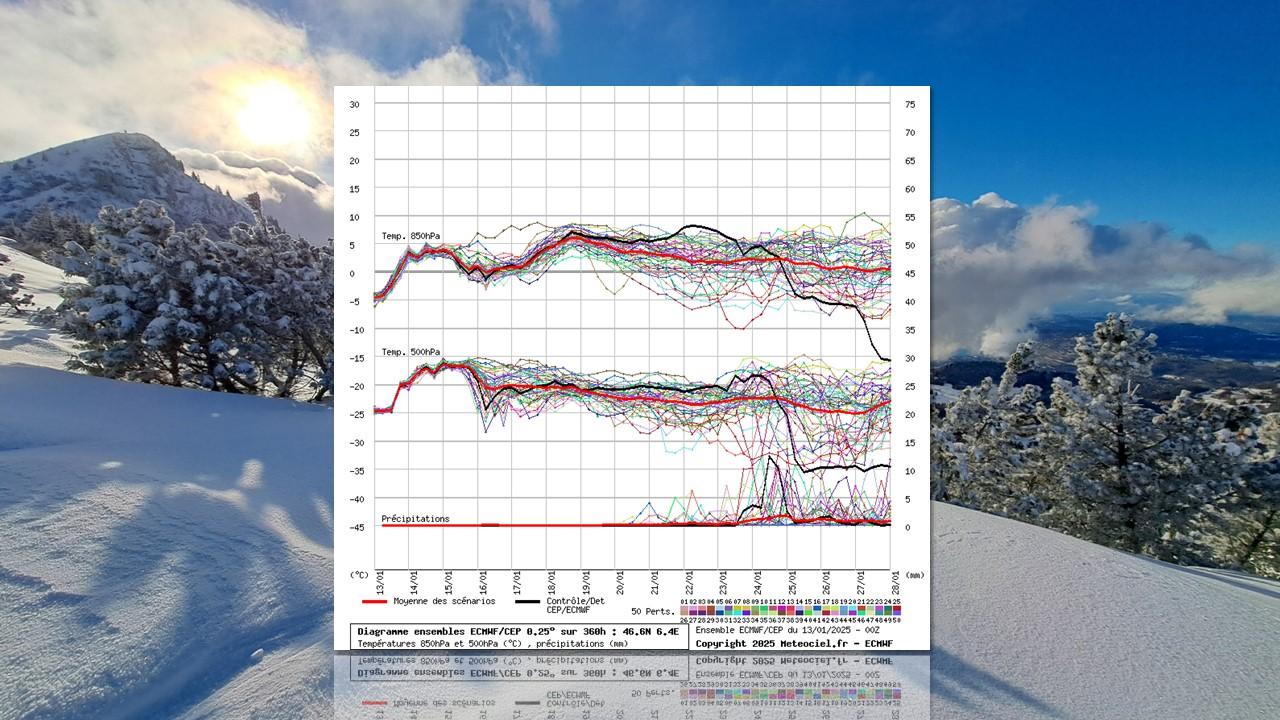 Prévisions de températures et de précipitations pour Lausanne du 13 au 28 janvier 2025 (prévisions d'ensemble du modèle GFS). [GFS/Meteociel.fr - Véronique Chambaz]