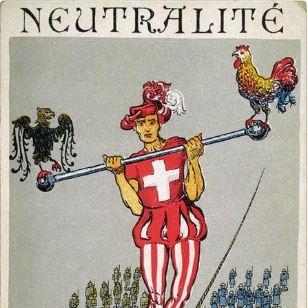 Carte postale caricaturant les difficultés du maintien de la neutralité suisse, vers 1915. [DHS - Bibliothèque de Genève]