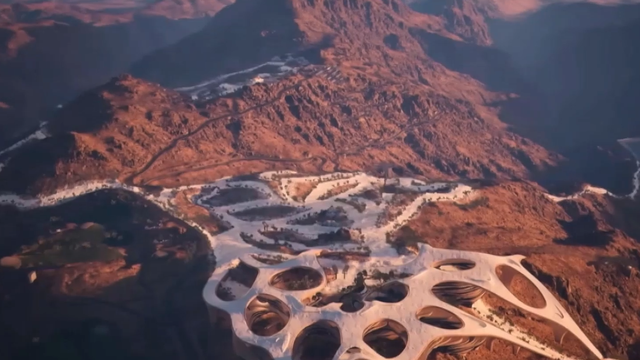 Une image de synthèse de la station de ski Trojena, en plein désert saoudien, tirée d'une vidéo promotionnelle du projet "Neom". [RTS]