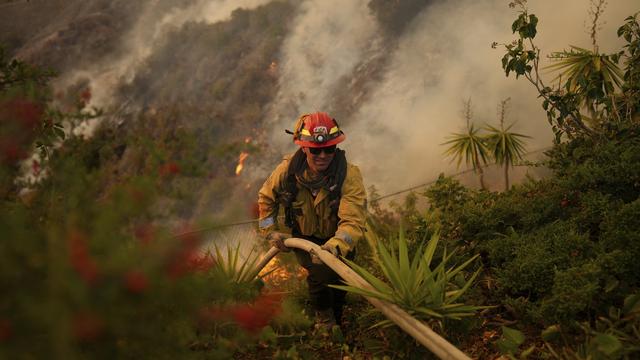 Un pompier combattant les flammes du Palisades Fire, dans le canyon de Mandeville, en Californie. [KEYSTONE - ERIC THAYER]