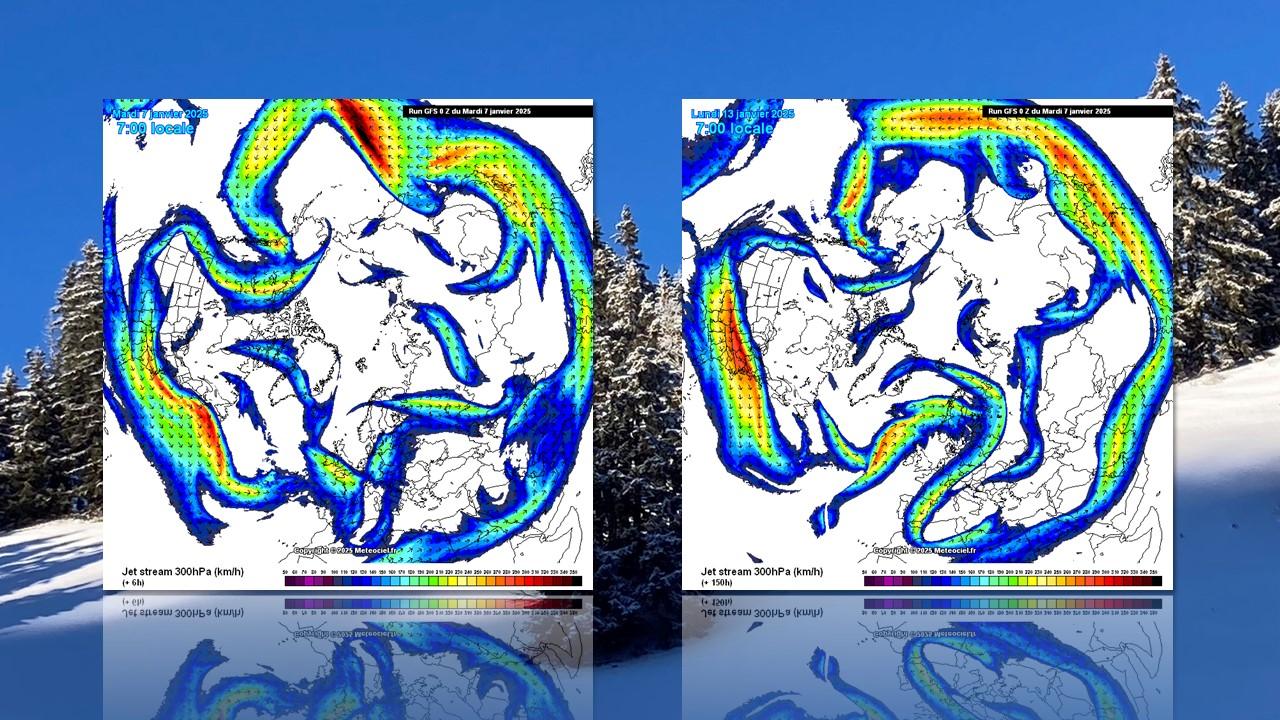 Force et position du jet-stream au-dessus de l'hémisphère-Nord le 7 et le 13 janvier 2025. [GFS/Meteociel.fr - Anne-Christine Vuichoud]