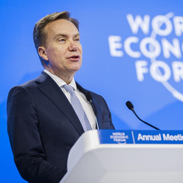 Le Norvégien Borge Brende, président et membre du conseil d'administration du Forum économique mondial prononce un discours lors de la 55e réunion annuelle du Forum économique mondial à Davos, le mardi 21 janvier 2025. [Keystone - Michael Buholzer]