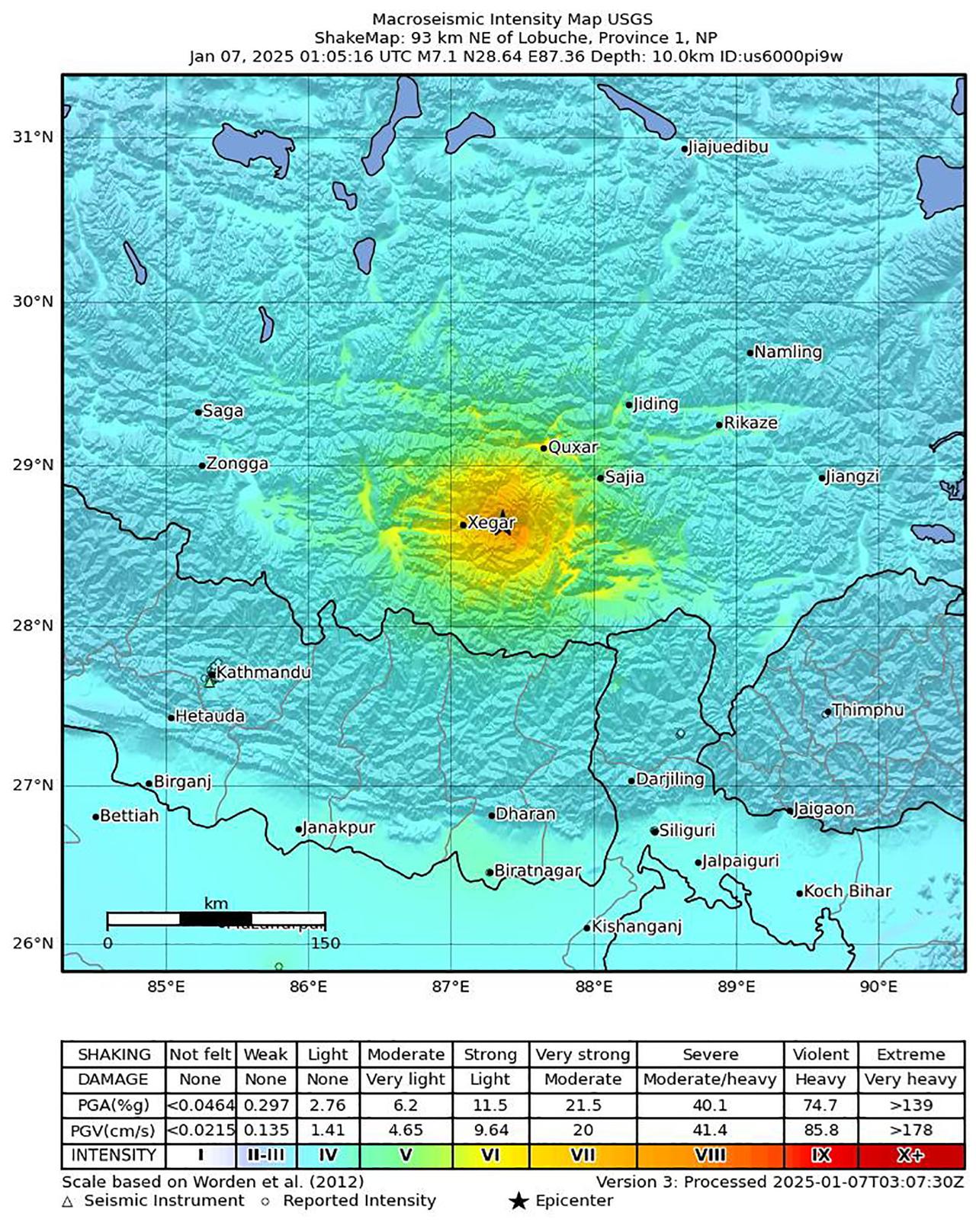 L'épicentre du séisme se trouve au Tibet, non loin de la frontière népalaise. [KEYSTONE - USGS / HANDOUT]