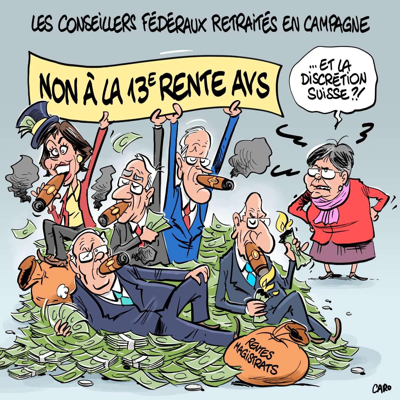 "La votation su la 13e rente AVS et la position des conseillers fédéraux retraités" vus par CARO. [Musée de la communication (Berne) - Caroline Rutz]