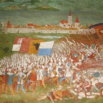 La Bataille de Sempach le 9 juillet 1386, les troupes autrichiennes menées par Léopold III de Habsbourg. Fresque d'une chapelle à Sempach, Suisse. [Wikimédia.]