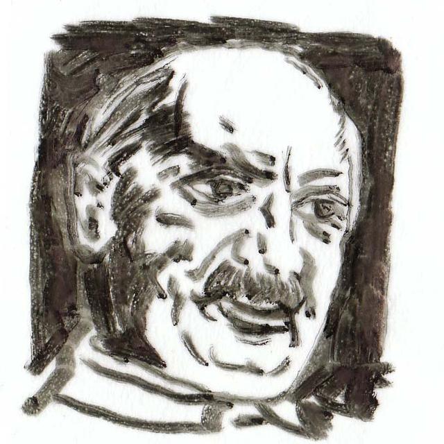 Dessin au pinceau du philosophe allemand Martin Heidegger par Herbert Wetterauer, d'après la photo de Fritz Eschen. [CC-BY-SA - Herbert Wetterauer]
