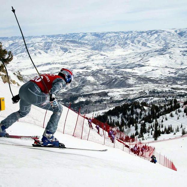 Le skieur américain Daron Rahlves au départ de la piste du Grizzly lors de la décente olympique du 7 février 2002. [Don Emmert]