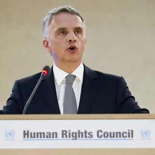 Didier Burkhalter ce matin devant les membres de la commission des droits de l'Homme de l'ONU, à Genève. [Keystone - Jean-Christophe Bott]