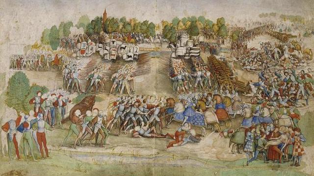 La bataille de Marignan, miniature sur parchemin du Maître à la Ratière. [CC-BY-SA - René-Gabriel Ojéda]