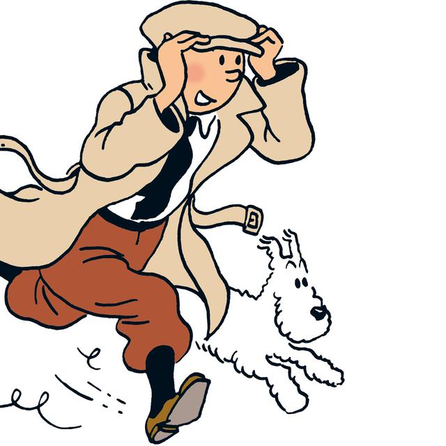 Tintin court en compagnie de son fidèle Milou. [Hergé-Moulinsart 2012]