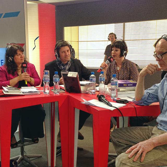 5 mai 2013, "Entre les lignes" (Espace 2) en direct du stand de la RTS au Salon du livre avec, de g. à dr., Eléonore Sulzer, William Irigoyen, Catherine Fattebert et Jean-Michel Meyer. [Amélie Nappey-Barrail]