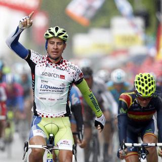 Peter Sagan, de l'équipe Liquigas Cannondale, fête sa victoire dans la 4e étape du Tour de Suisse 2012. [Keystone - Peter Klaunzer]