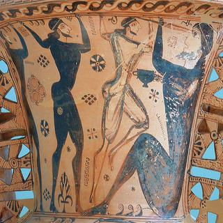 Ulysse et ses compagnons aveuglant Polyphème, amphore proto-attique, v. 650 av. J.-C., musée d'Éleusis. [CC BY SA - Napoleon Vier]