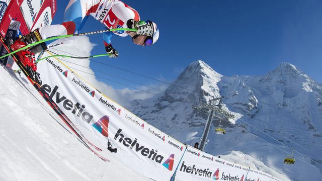 Le skieur suisse Carlo Janka au départ du deuxième entraînement de la course du Lauberhorn à Wengen le 16 janvier 2013. [Alessandro Della Bella]