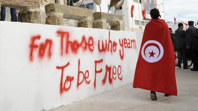 Un jeune Tunisien portant le drapeau de son pays lors du 1er anniversaire de la révolution. [FETHI BELAID]