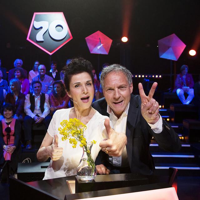 Maria Mettral et Pierre-Alain Dupuis durant le tournage de l'émission "Générations!". [RTS - Cédric Vincensini]